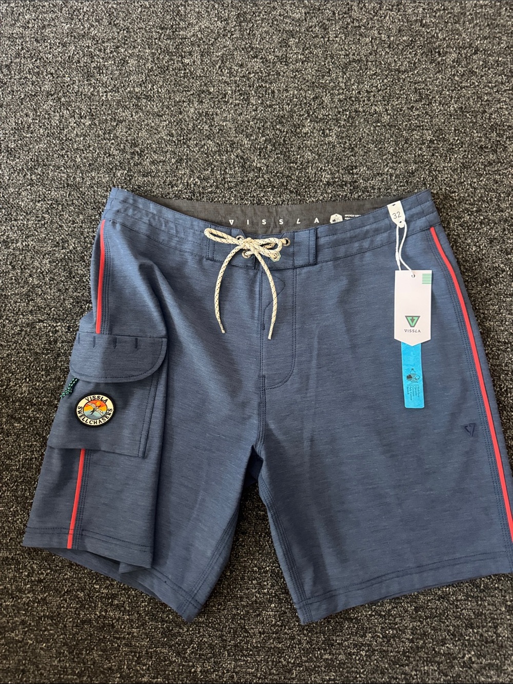 VISSLA Navy Blue Swim Board Shorts with Red Piping